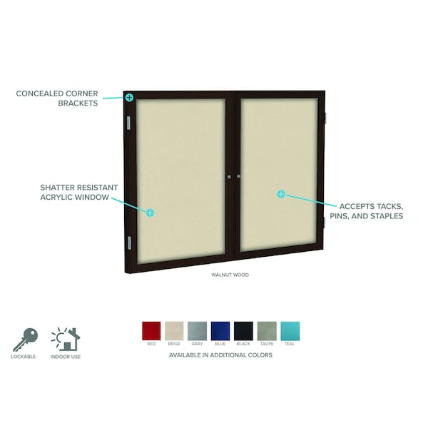 Enclosed Bulletin Board, 2 Door, Fabric, Walnut Frame, 3 Ft H X 5 Ft W, Blue